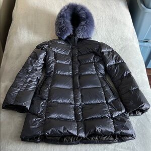 La Canadienne long down puffer coat jacket with real lamb fur trim size 44 blue